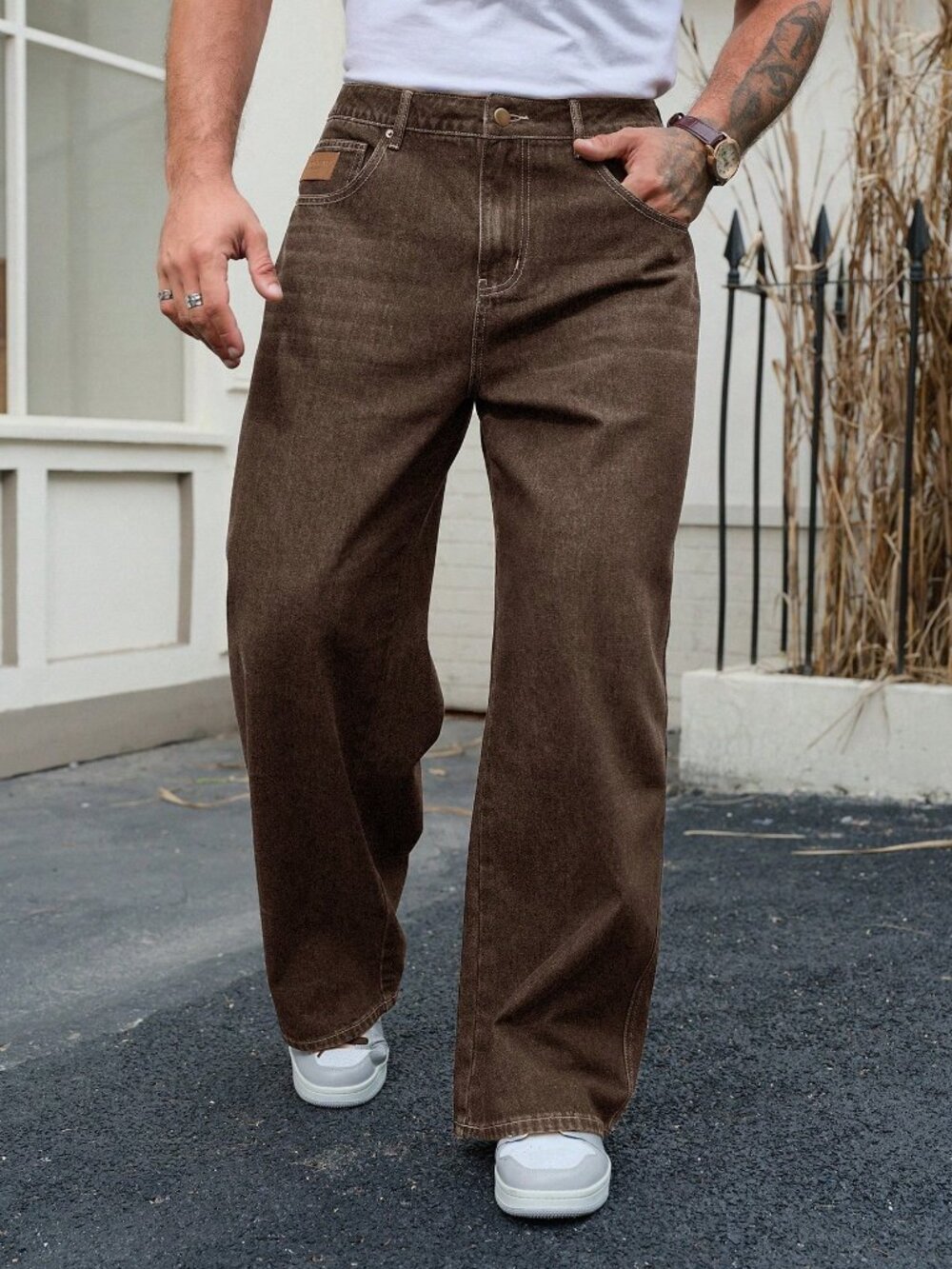 Brown Casual Wide Leg Denim Jeans